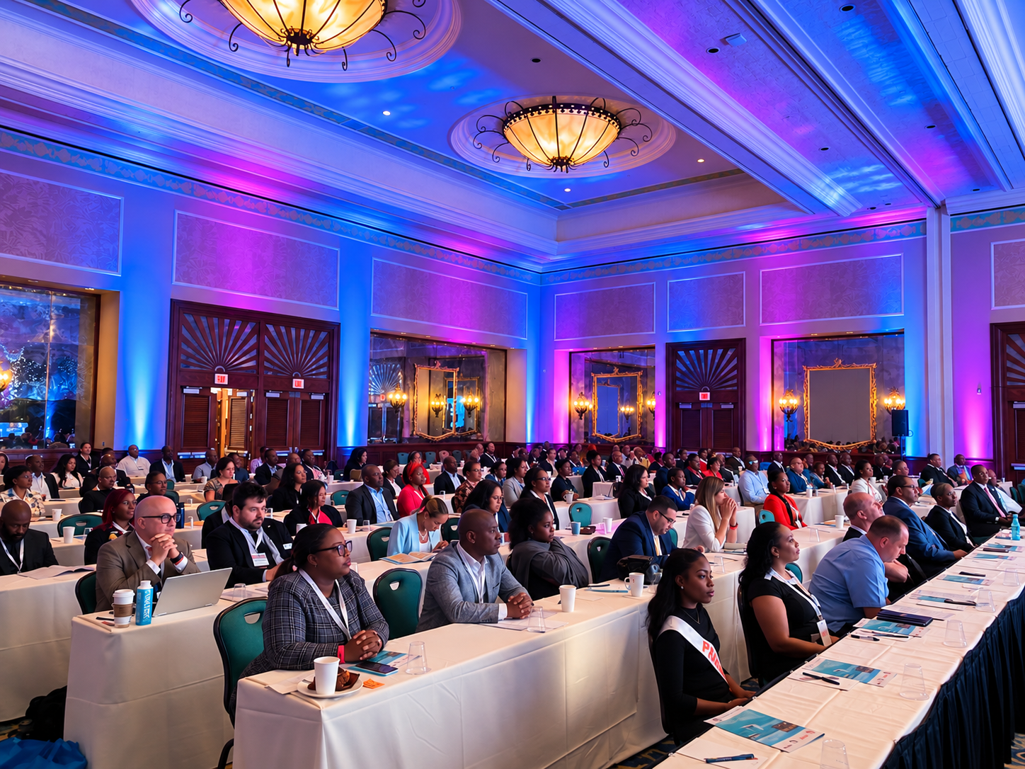 Conference audience under blue and violet lighting